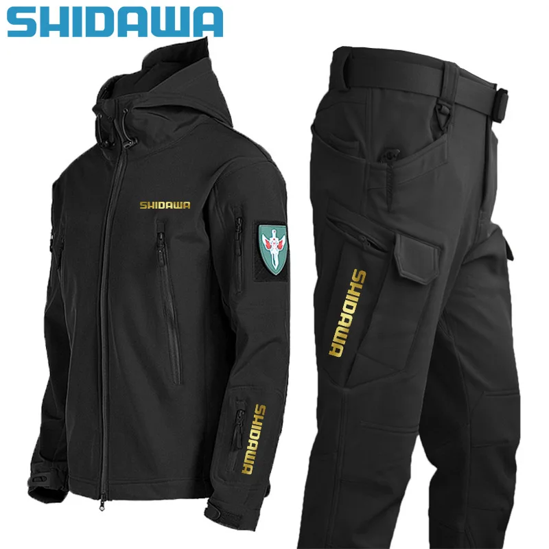 Shidawa Autumn Winter Men\'s Waterproof Warm Fishing Set Windproof Hooded Jacket+Army Combat Pants Outdoor Hiking Camping Clothes