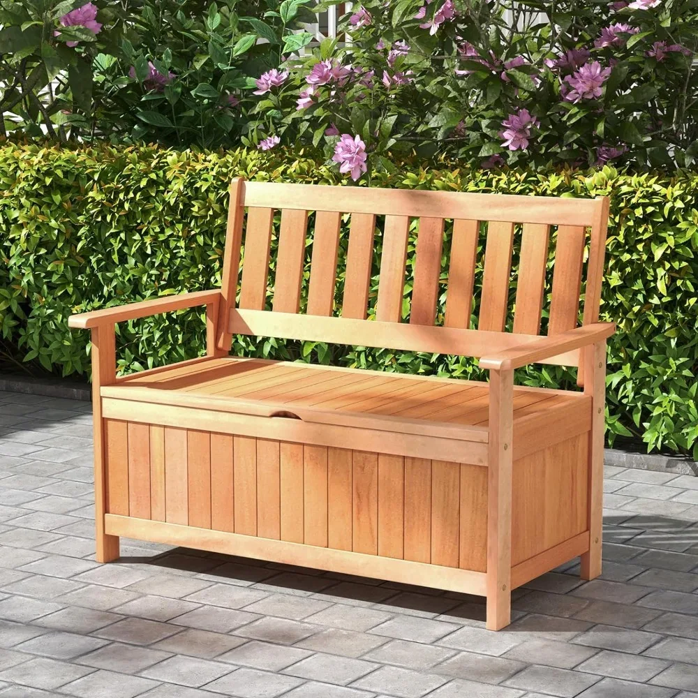 Garden Storage Bench, Large Deck Box, w/Inner Removable Dustproof Lining and Portable Handles, Wooden Patio Storage Bench