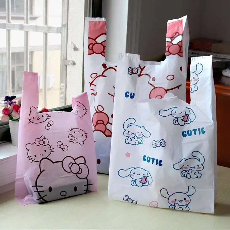 100Pcs/set Sanrio Garbage Bags Anime Hello Kitty Print Portable Household Size Pink Plastic Sack Vest Type Storage Bag Wholesale