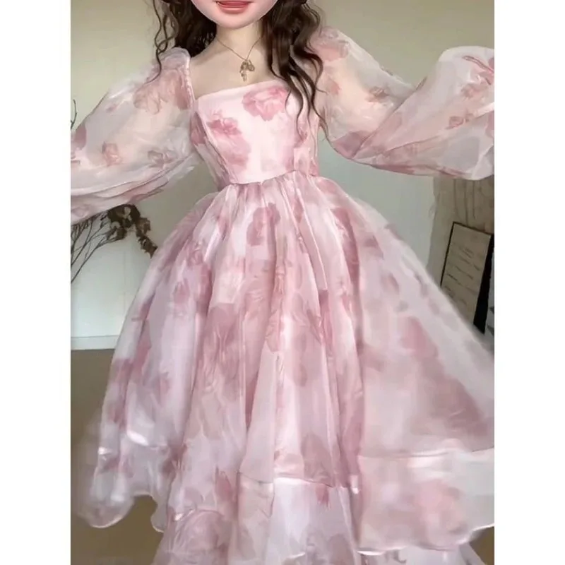 

Women Summer V-Neck Lolita Dress Sweet Bow Lace-Up Fairy Dress Elegant Vintage Girls Puff Sleeve Pink Party Midi Dresses Robe