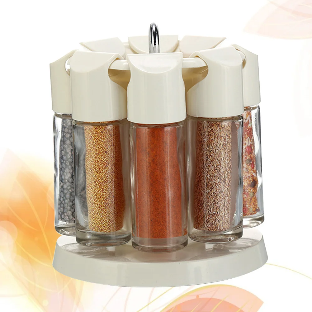 

1Set 9-in-1 Spice Holder Rotating Cruets Cozy Kitchen Atmosphere Hanging Hooks Easy Wash Seasoning Bottles Rotating Cruets
