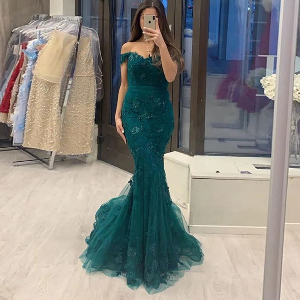 Vestidos de noche de sirena de encaje verde cazador Sexy con hombros descubiertos desmontables para mujer, vestidos de fiesta formales con cordones