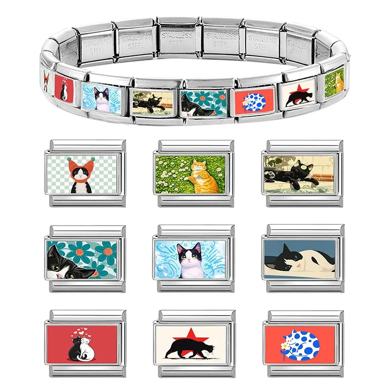 New Wholesale Fashion Personalized DIY Colorful Italian Charm Bracelet Cute Lying Cats Bead 9mm Bracelet Stainless Steel Jewelry