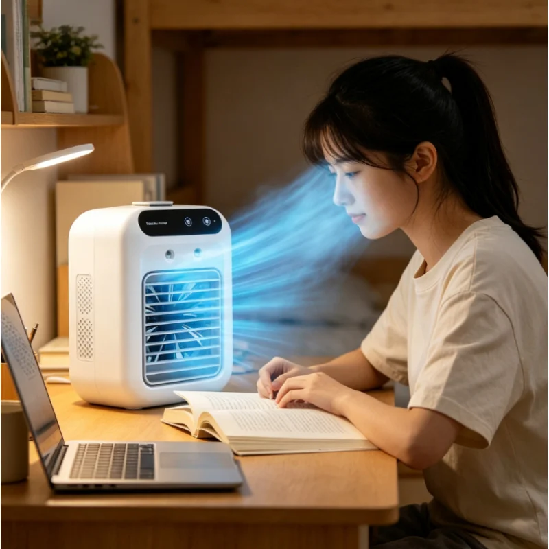 Ventilador Umidificador USB 3 em 1, Mini Arrefecedor Portátil Recarregável de 1800mAh para Casa, Escritório e Carro