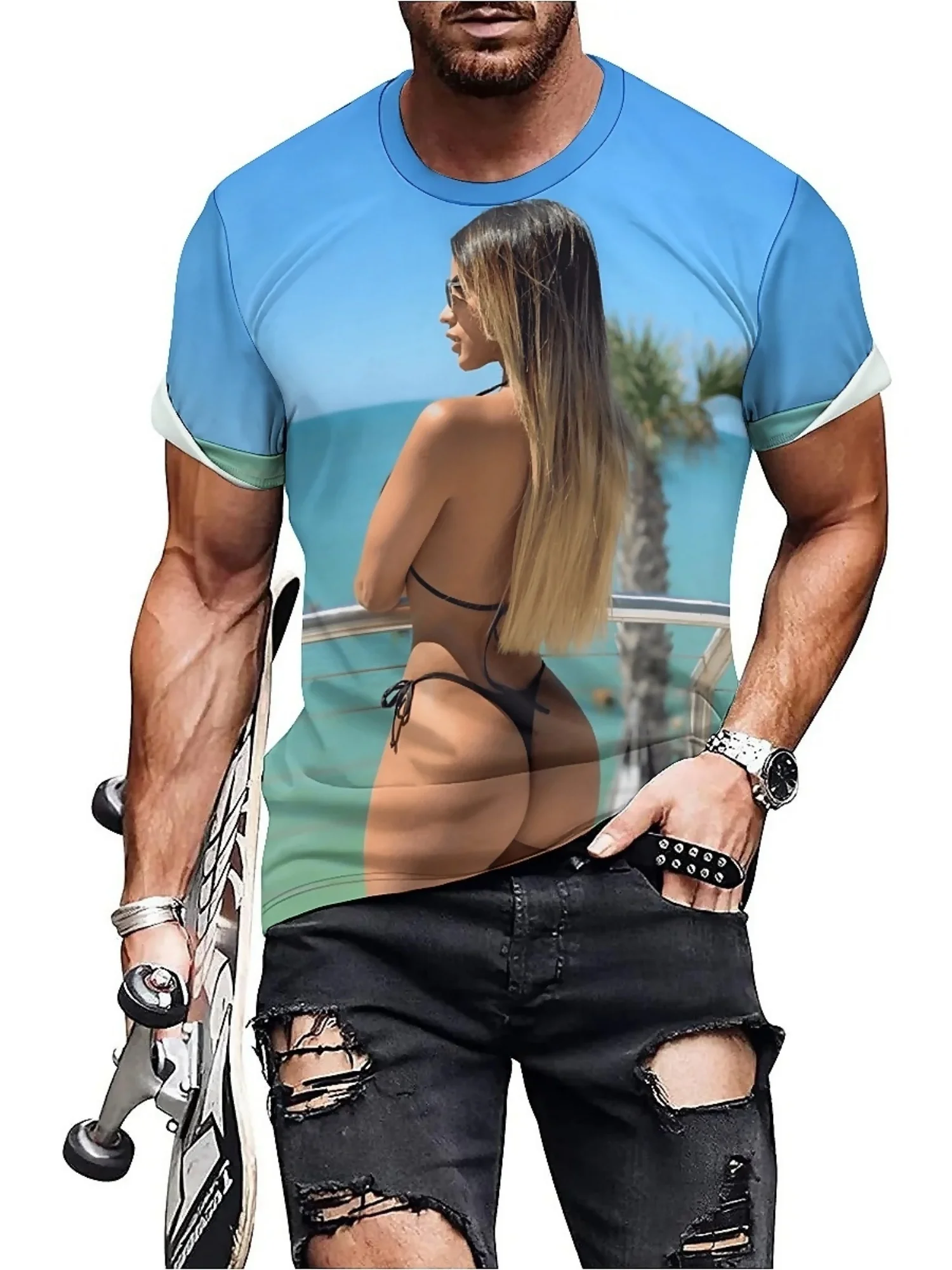 تي شيرت رجالي بأكمام قصيرة مطبوع ثلاثي الأبعاد - تصميم مثير لمشهد الشاطئ، أزرق فاتح، مقاس فضفاض، بوليستر مسامي