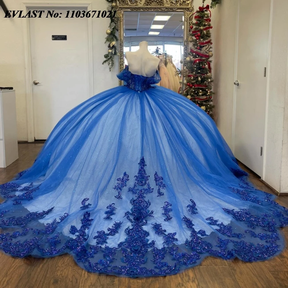 Evlast Luxe Blauwe Quinnceanera Jurk Baljurk Kant Applique Kralen Kristal Mexicaans Korset Sweet 16 Vestidos De 15 Anos Sq680