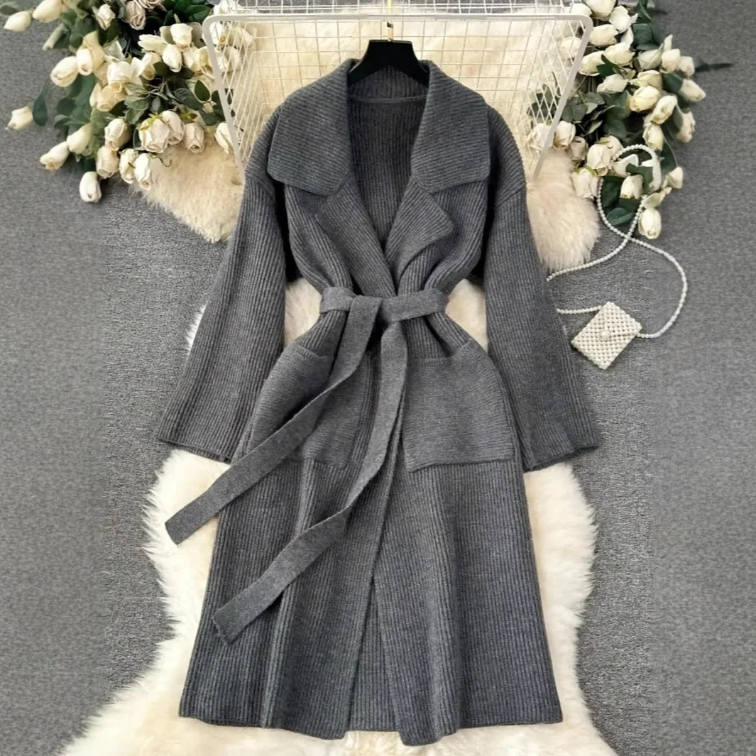 

Sweater Knitted Women Cardigan Outerwear Sashes Turn Down Collar Jumpers Long Sleeve Solid 2025 Loose Fit Casual Pockets