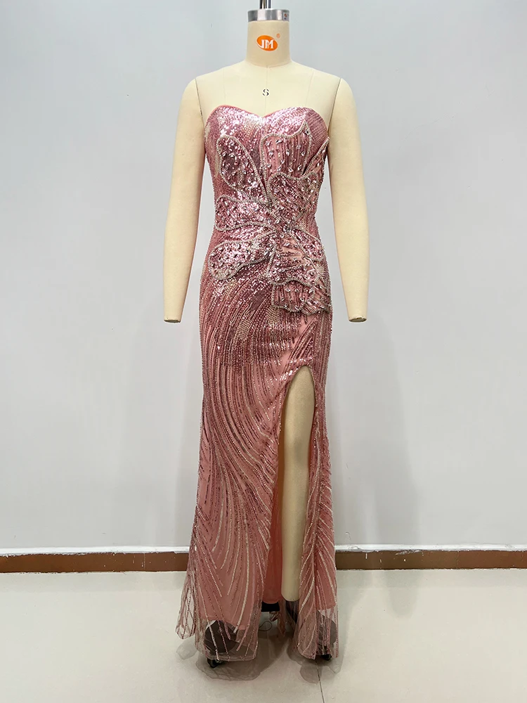 Strapless Pink Mermaid Evening Dress Women 3D Floral Beaded High Slit Formal Gown Sparkly Glitter Maxi Prom Party Dress