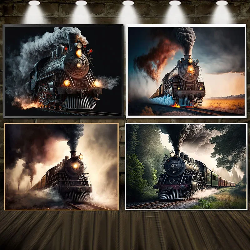 Retro Railway Posters Steam Train Locomotive Canvas Painting Vintage Railroad Train Print Wall Art Picture Restaurant Home Decor