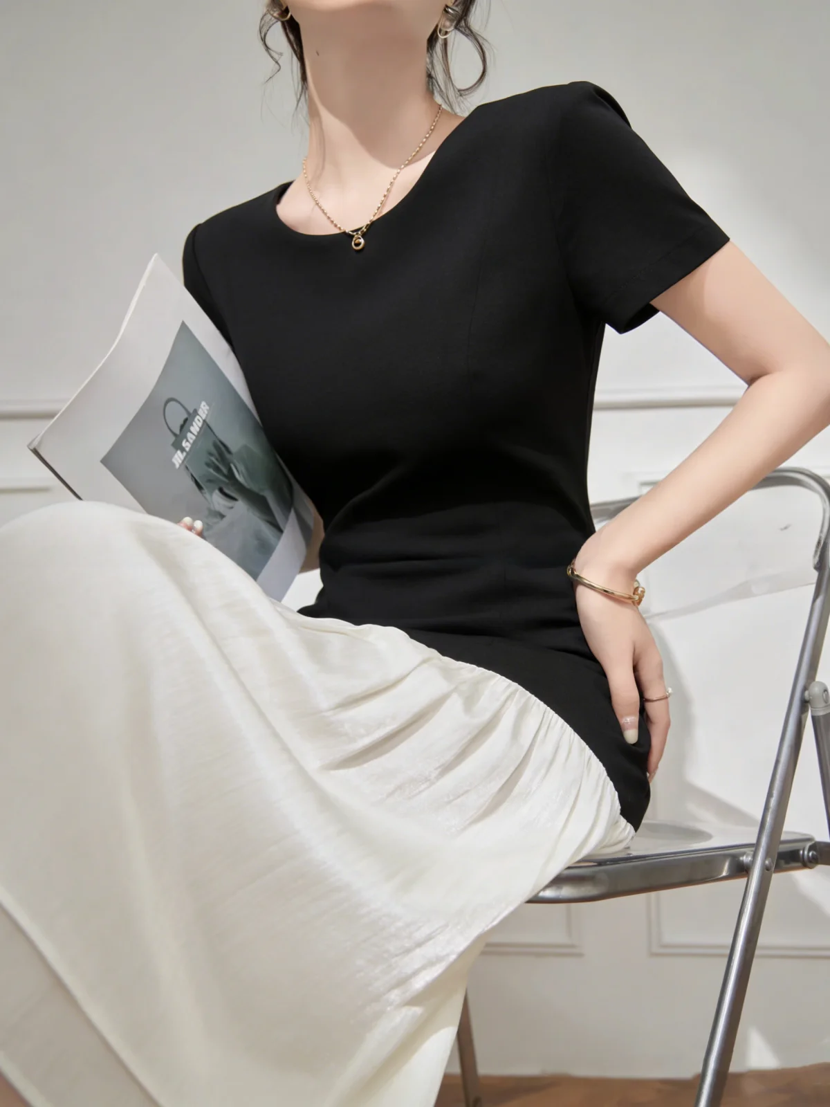 

Lulu Summer Elegant Black Dress Women's A-Line Midi Dress Waist-Cinching Splice Style Sweet Style Long Sleeve High Waist