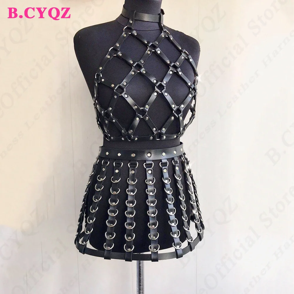 

Fashion PU Leather Skirt Outfit Garters Suspenders Full Body Harness Woman Bondage Sexy Underwear Cage Adjustable Leg Loops Rave