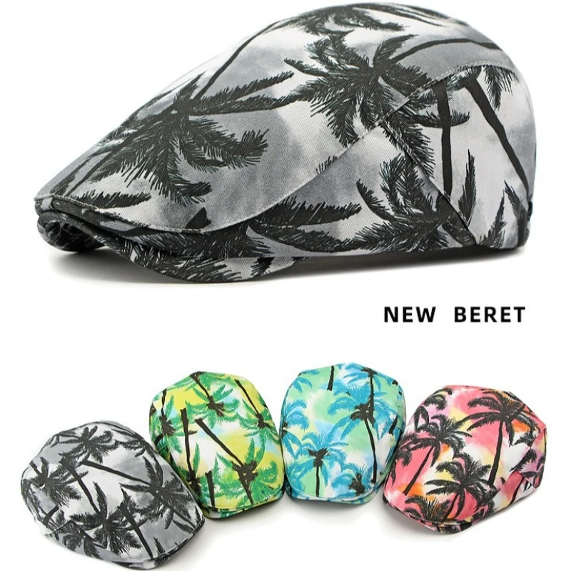 Men Tropical Palm Tree Print Flat Cap Adjustable Summer Breathable Ivy Hat Lightweight Beach Outdoor Driving Newsboy Beret Cap