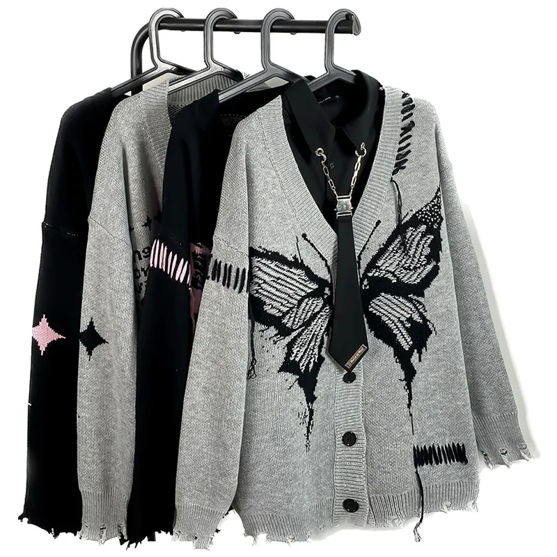 Autumn American Retro Butterfly Cardigan Sweater Single-breasted Male And Female Trendy Brand Loose Couple Knitted Coat Jumpers