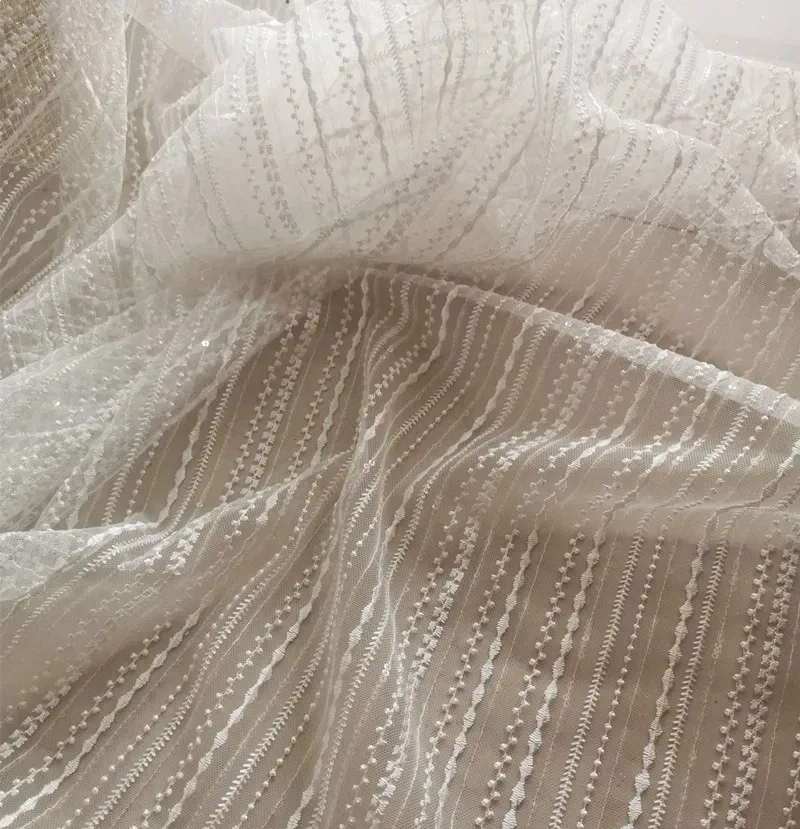 White Three Dimensional Vertical Striped Lace Tulle Fabric for DIYing Wedding Gown and Party Dress Accessories