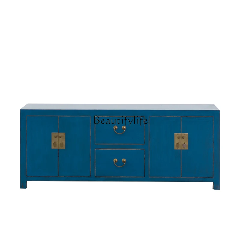 Chinese Solid Wood Painted Lacquer Blue Video Cabinet Elm Furniture Retro Side Cabinet Simple Storage Customization