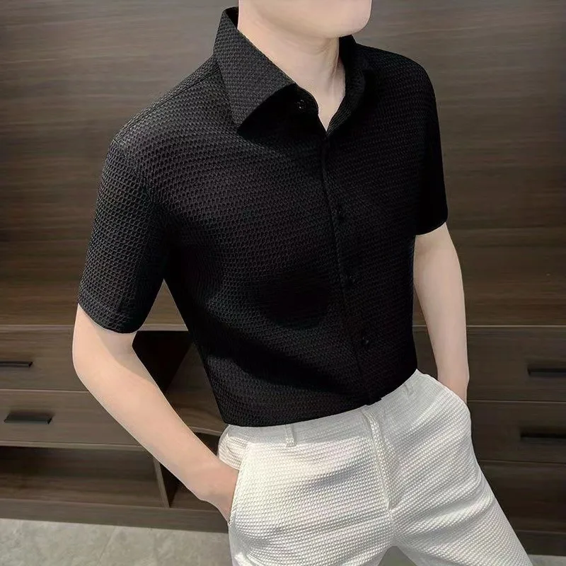 

Summer Large Size 250 Pou Men's irt ort Sve arp Collar Busin Faion Casual Loose Fit Iron Free French Sle