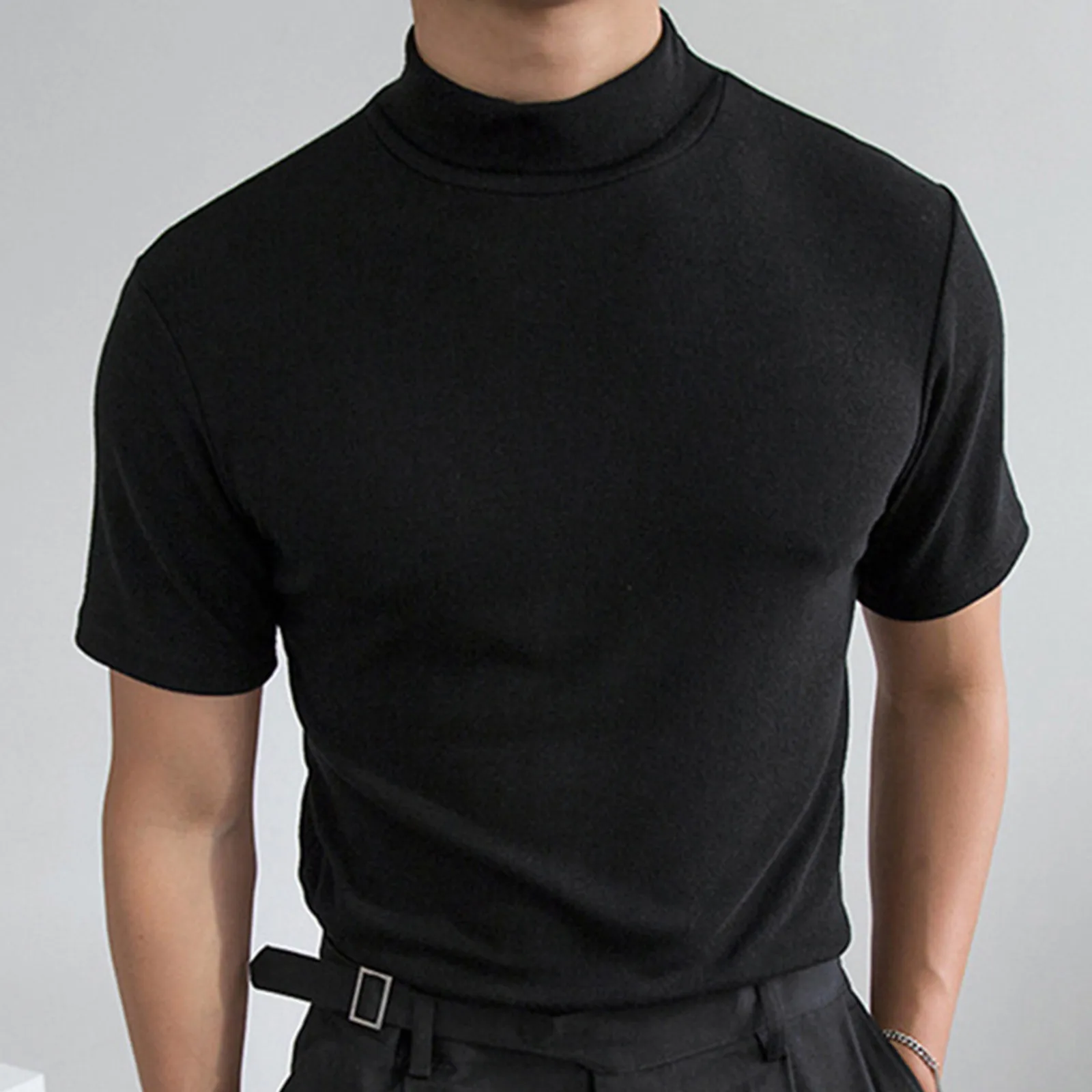 

Slim Black Tops Men Autumn Winter Turtleneck Short Sleeve Slim Pullover Sweater Blouse Good Quality Fitness Sports Tee Pullover