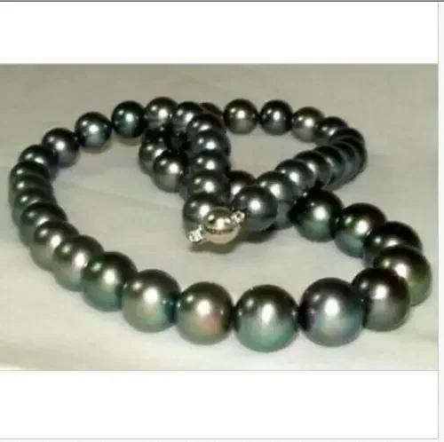 stunning 10-11mm perfect round tahitian black pearl necklace 18inch 925silver GOLD