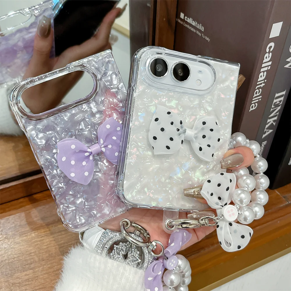 Korean Cute Shimmer Shell Phone Case For iPhone Duo 3D Polka Dot Bow With Pearl Beaded Lanyard Korea Kawaii Shockproof Fundas