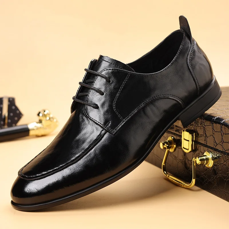 Men's shoes 2026 Spring and Autumn top layer cowhide loafers single shoes  men's trendy lace up men's shoes