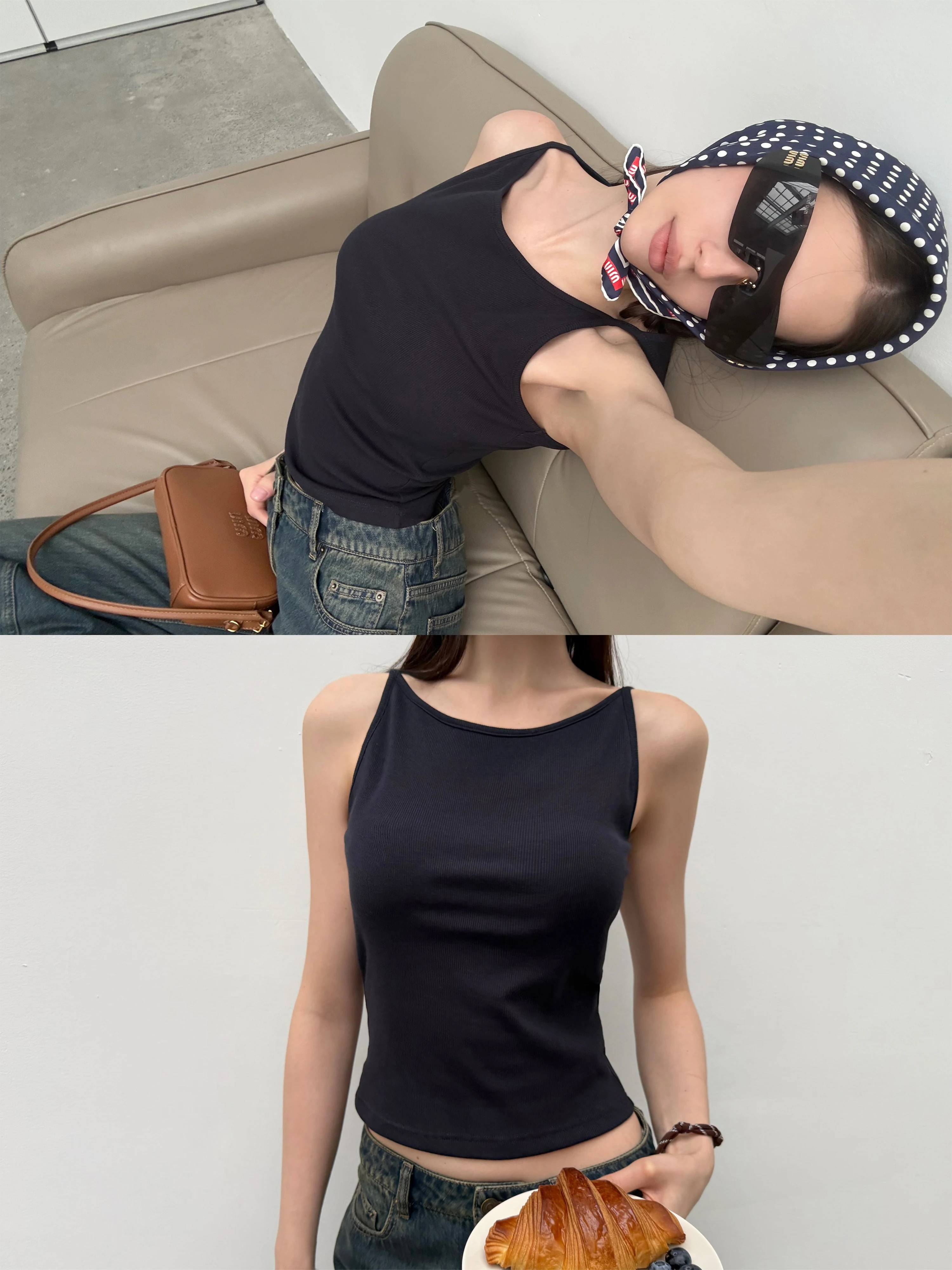 ZhouMiao Women's Low round Neck Vest Top Pure Color Fixed Chest Pad Breathable Cotton Tank Top Casual Short Style