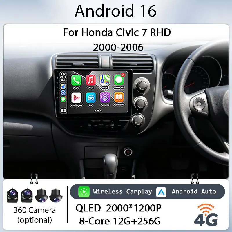 

9" Android 16 for Honda Civic 7 RHD 2000‑2006 Car Stereo IPS HD Audio Touch Screen Wireless CarPlay GPS Navi BT WiFi DSP Player