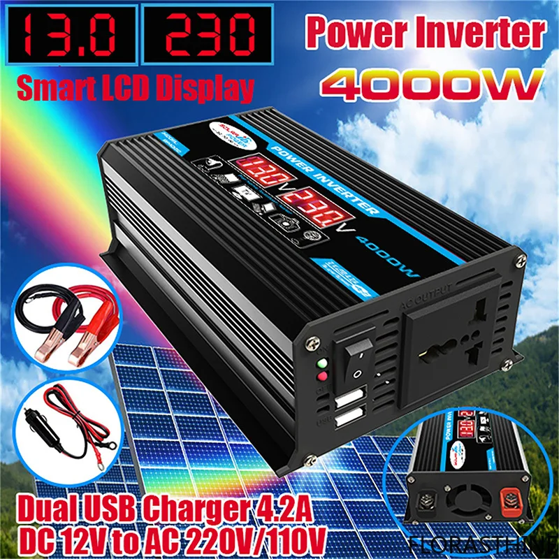 4000W Car Power Inverter 12V to 110V/220V Solar Inverter Comes for Vacations, Charging Camping for Mobile Phones, Tablet, Laptop