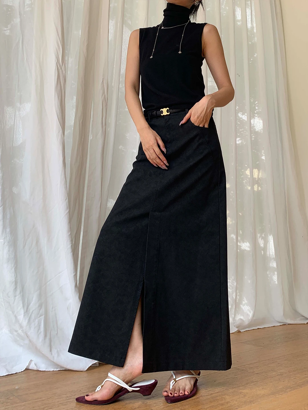 

ZOCHEEO Retro Style High Waist Straight Leg Split Denim Skirt Casual Commute Simple Fashion Women's Clothing