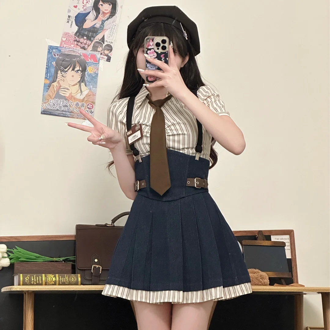 Harajuku Striped Printed Patchwork Mini JK Uniform Women's Y2K Streetwear Summer Japanese Short Sleeve Shirt Suspender Skirt