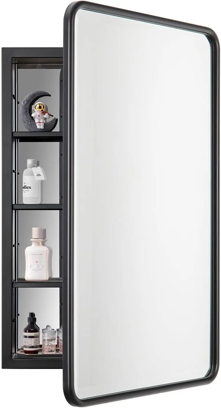 Modern Rectangle Bathroom Medicine Cabinet, Wall Mounted Or Recessed Mirror Storage Cupboard Featuring Single Door And Adjustable Shelves For Cosmetics Toiletries Restroom, Black