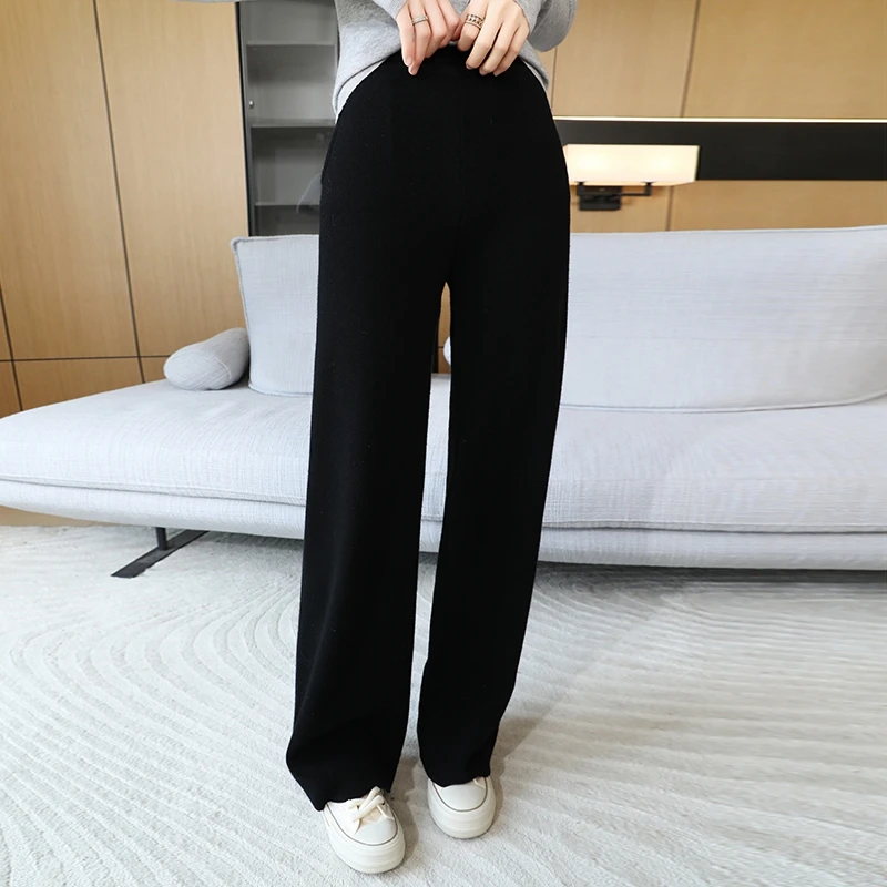 New Women\'s Wide Leg Pants for Autumn and Winter High Waist, Drop Feeling Thickened Straight Leg Pants, Pure Wool Knitted Pants