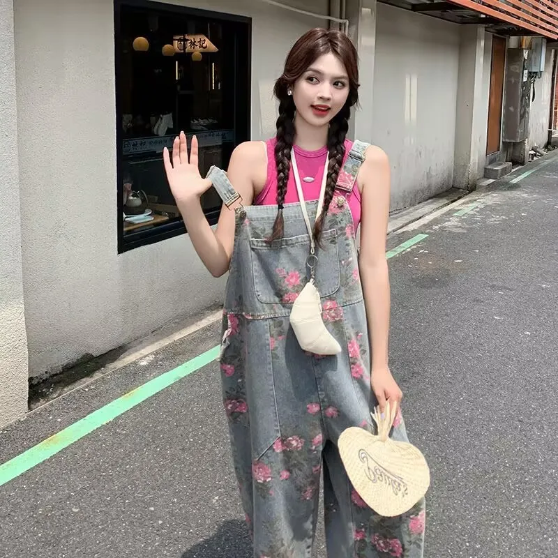 Women Retro Light Denim Jumpsuit Spring Summer New Straps Suspenders Loose Wide-leg Pants Female Overalls Jeans Rompers