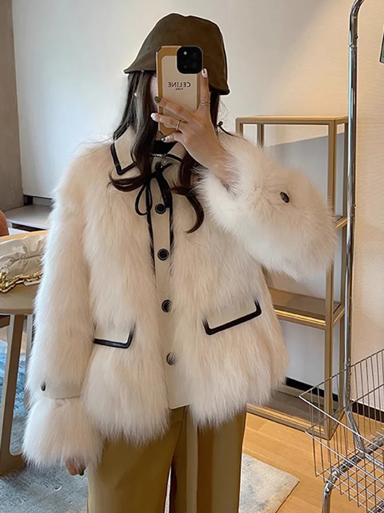 معطف فرو صناعي للنساء سترة من الفرو بأربطة وياقة مقلوبة وأكمام طويلة واحدة الصدر فضفاضة غير رسمية للمكتب للسيدات لخريف وشتاء 2025