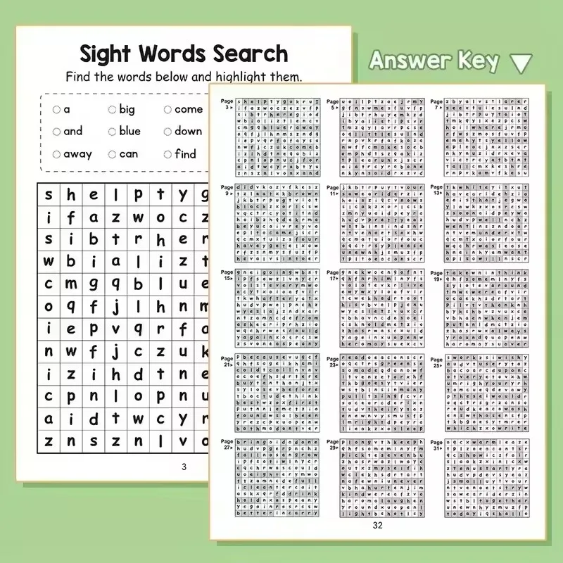 Learning Workbook 220 Sight Words with Answer Key Educational Handwriting Sight Words Search Games for Age 3+ School Supplies