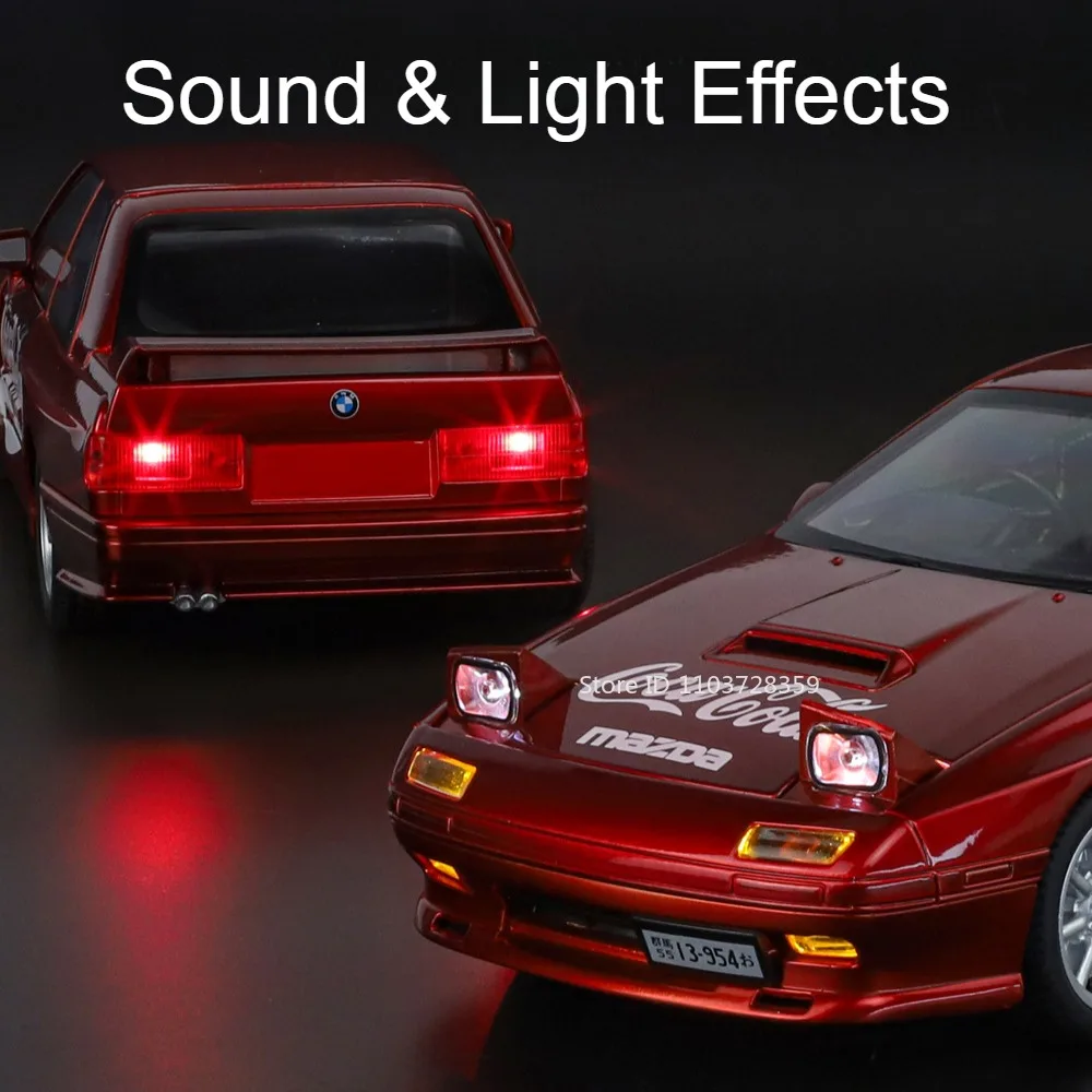 1:24 M3 Miniature Car Model Toys Alloy Diecast RX7 Vehicles Sound Light Doors Opened Pull Back Shock Absorption for Kids Gifts