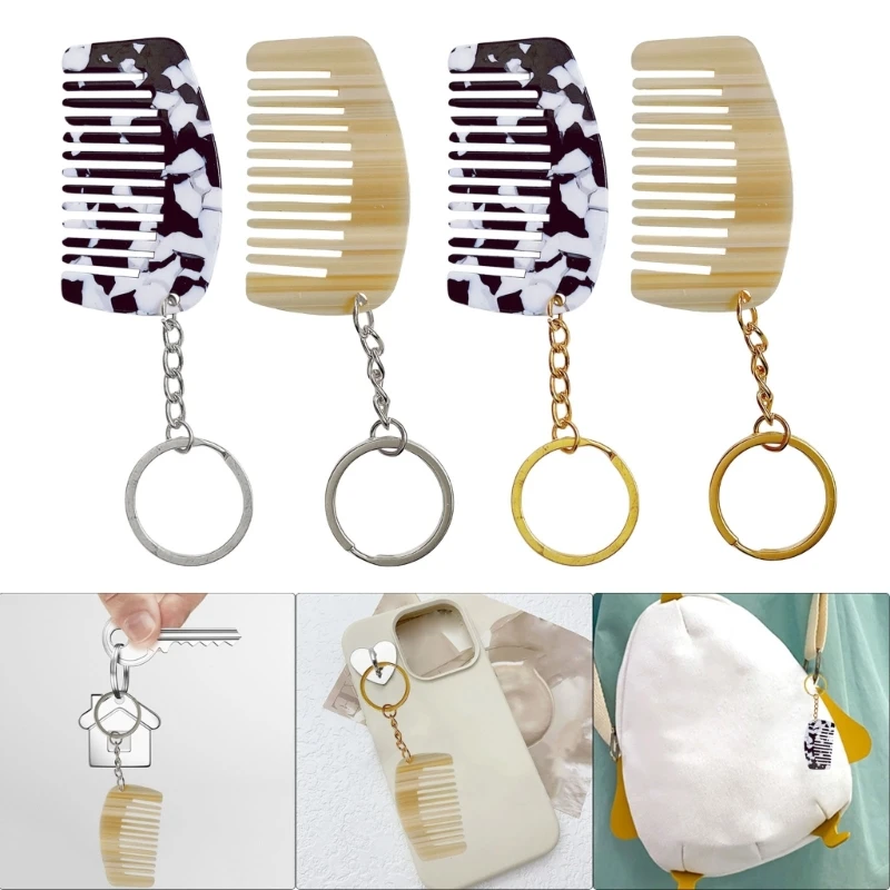 Comb Charm Keyring Acetate Miniature Milk White/Black White for Bag Backpack Purse Wallet Women Hair Care Accessory