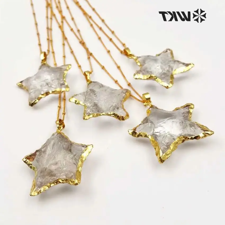 WT-N1119 Sparkly Exquistite Cute Super Star Shape Natural Crystal With Gold Dipped Pendant Necklace Romantic Fine Decorative