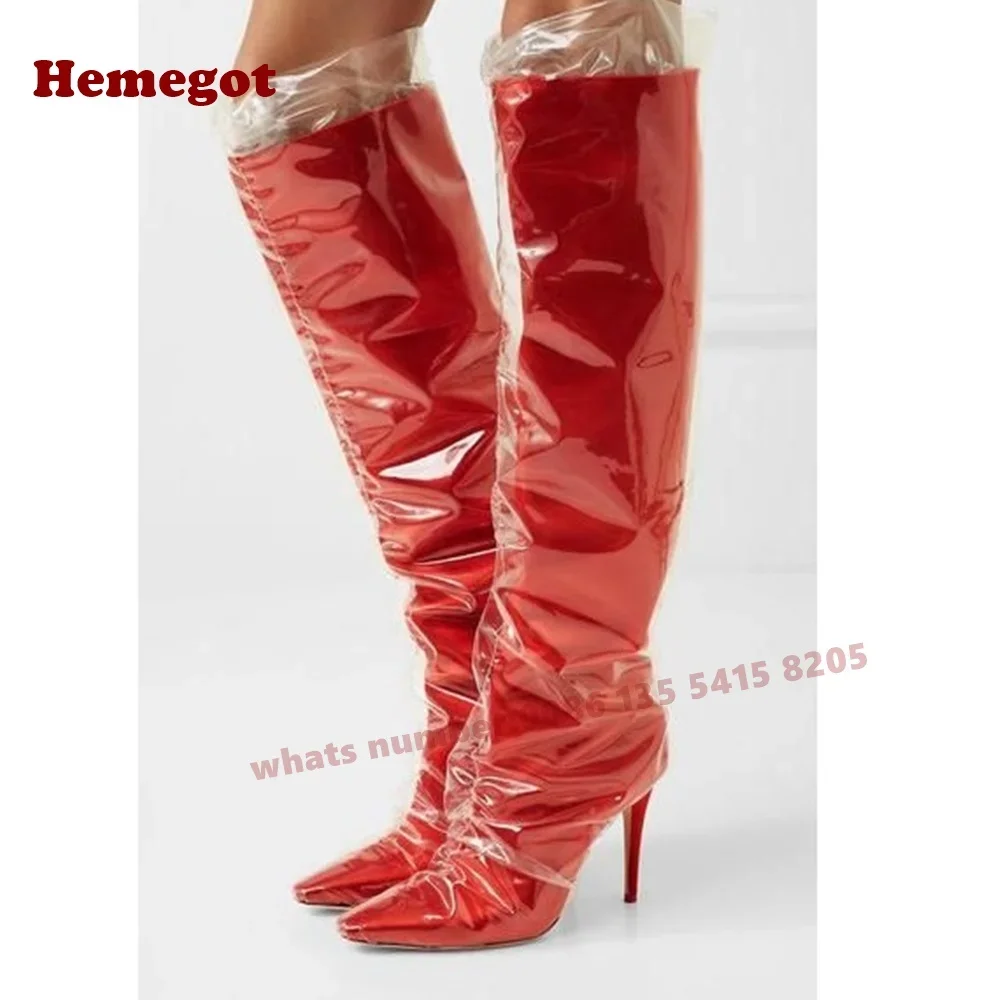Splicing Pvc Stiletto Heels Long Boots Pointy Toe Red Knee High Boots 2025 Winter New Arrival Runway Party Shoes Slip On Sexy
