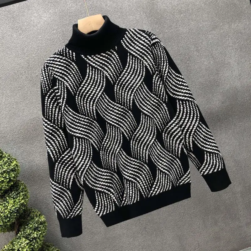 Sweater rajut untuk pria, warna hitam Turtleneck kontras, Pullover hangat kerah tinggi rajut musim gugur dan musim dingin