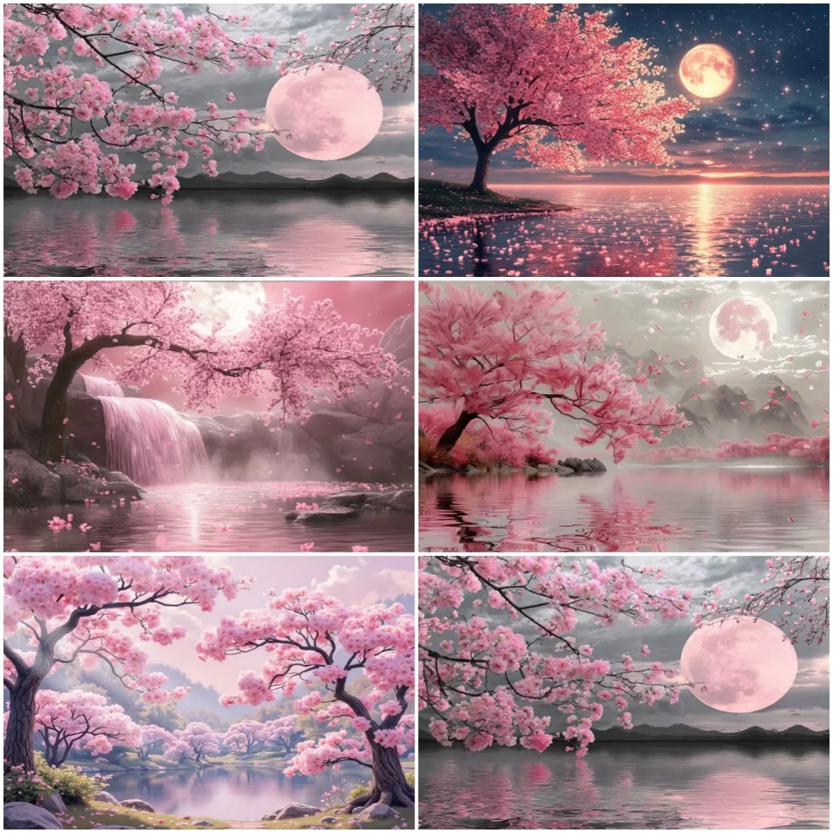 

Pink Cherry Blossom Landscape Theme Photography Backdrop Wind Moon Night Flower Background Spring Theme party Decoration Banner