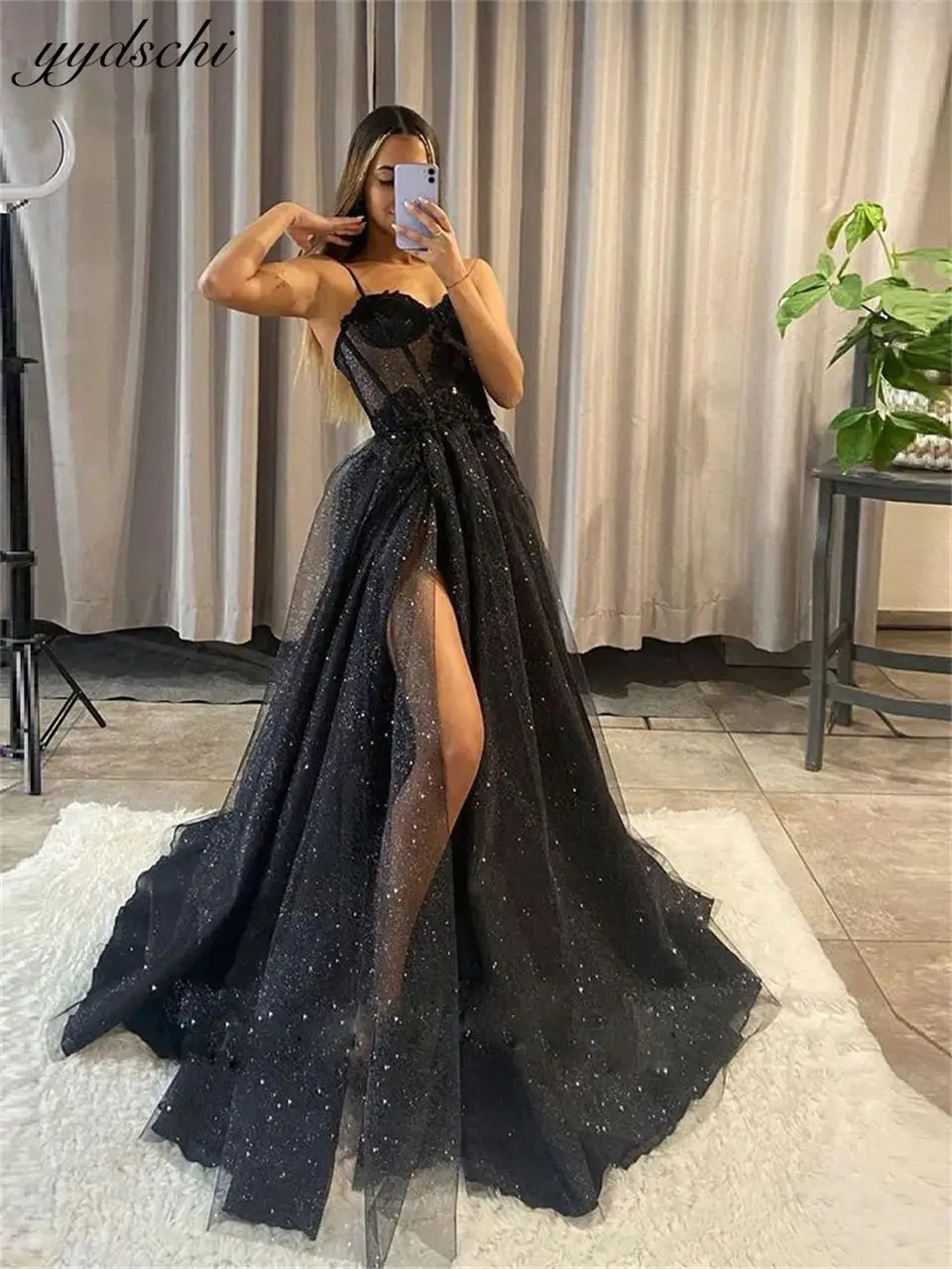 Sexy Sweetheart Neck High Slit Spaghetti Strap Sequined Party Dress For Women Sweep Train Formal 2025 Evening Dress Bridal Gowns