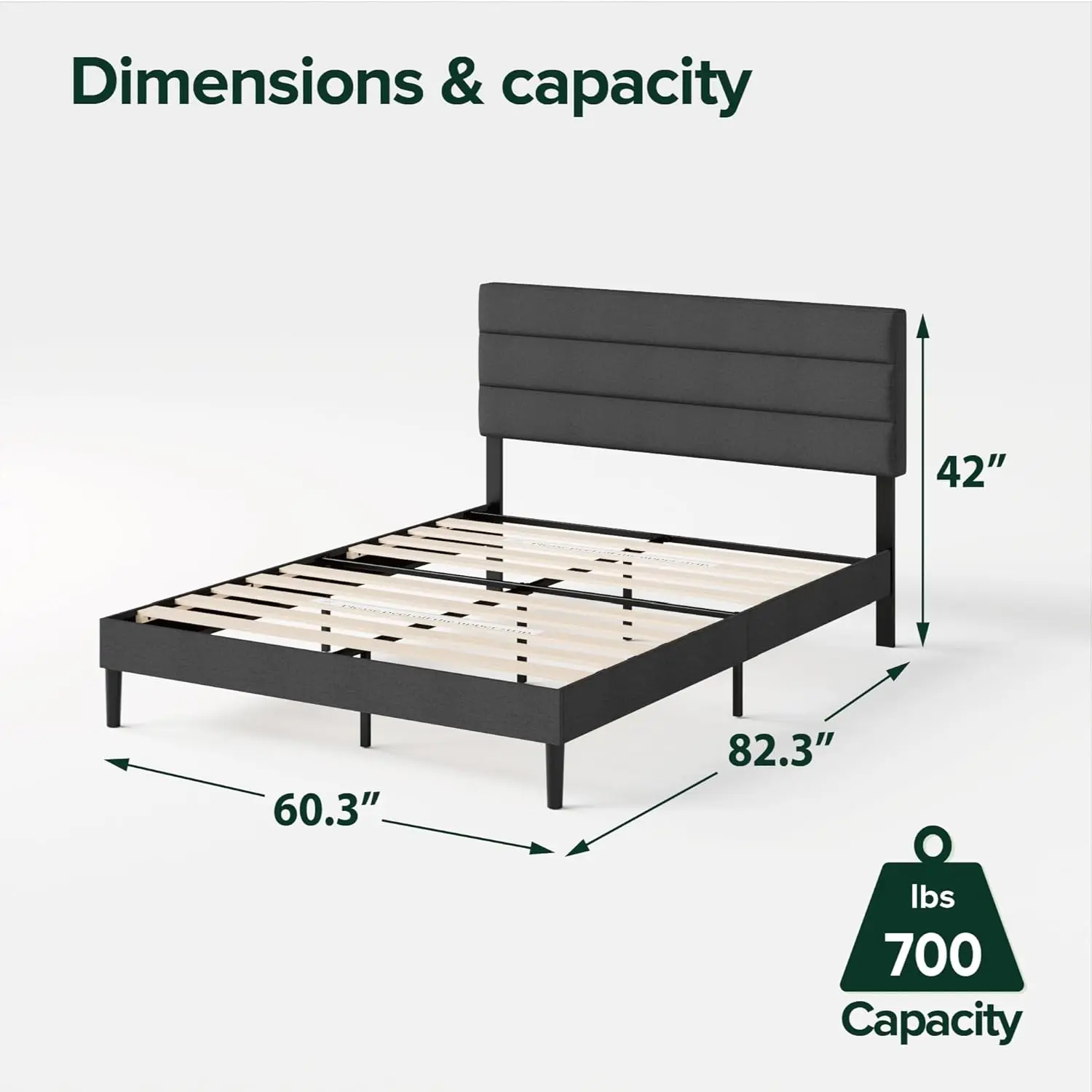 Queen Piper Upholstered Platform Bed with Horizontal Paneled Headboard, Wooden Slat Support, No Box Spring Needed