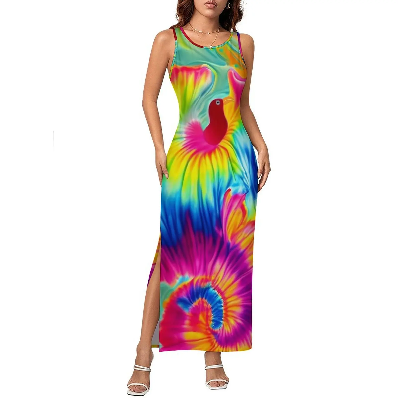 Donna Tie Dye con un abito twist Arcobaleno Street Fashion Abito aderente Vacanza senza maniche Abiti maxi eleganti Abiti oversize