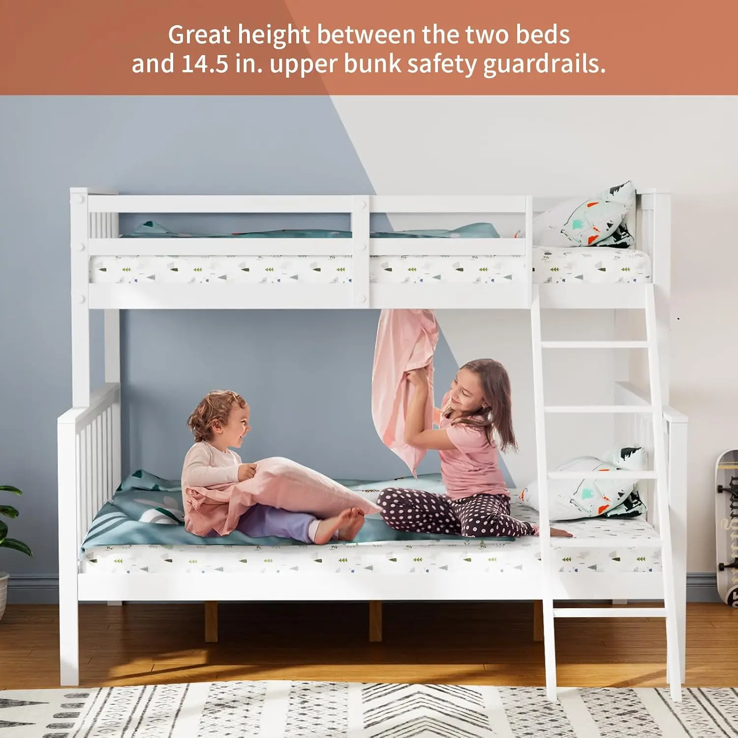 Twin Over Full Bunk Bed, Solid Wood Frame with Ladder & Guard Rail, Space-Saving for Kids Teens (Mattress Not Included)