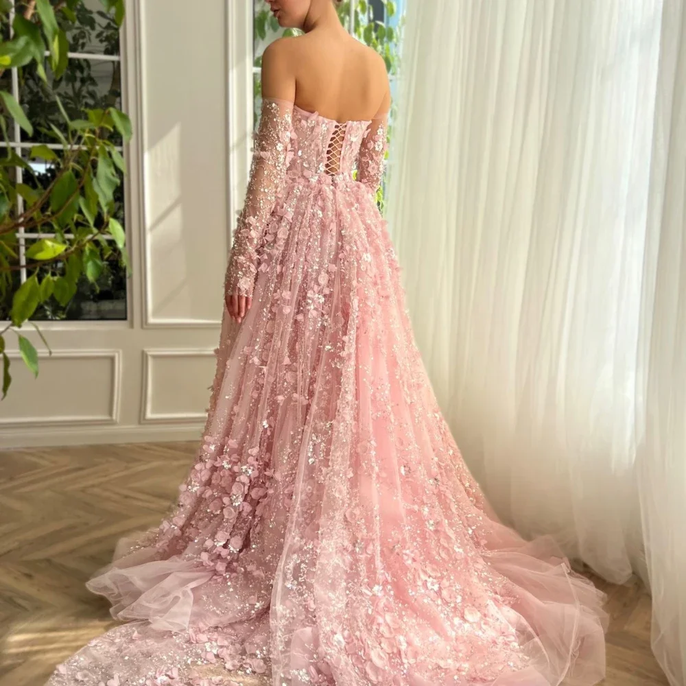 Elegant Strapless Long Sleeves Flowers Evening Dresses Fashion Beads Sequined Women Wedding Party Gowns Formal Prom Dresses