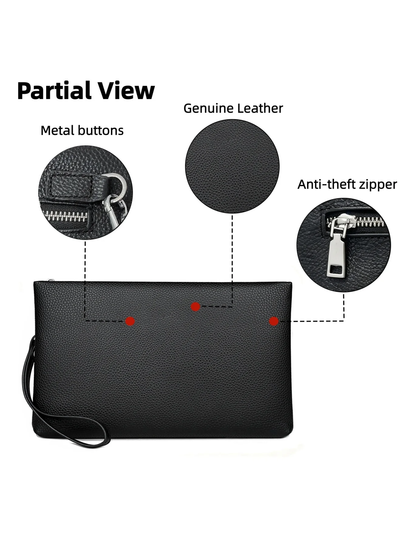 Herren-Clutch aus genarbtem Echtleder, große Handtasche mit Diebstahlschutz-Reißverschluss und 6 Kartenfächern – Detail 5