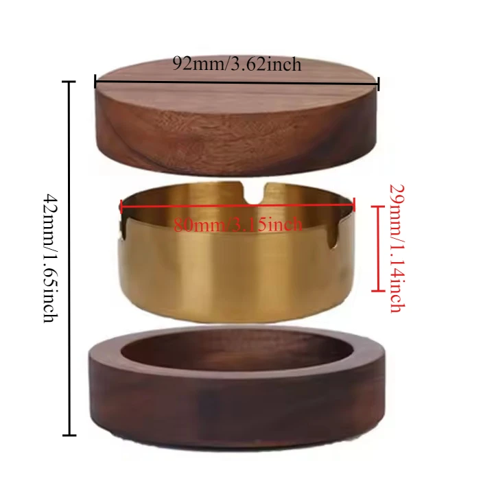 1pc Solid Wood Ashtray with Lid Walnut Stainless Steel Home Office Ashtray Anti-fly Ash Wood