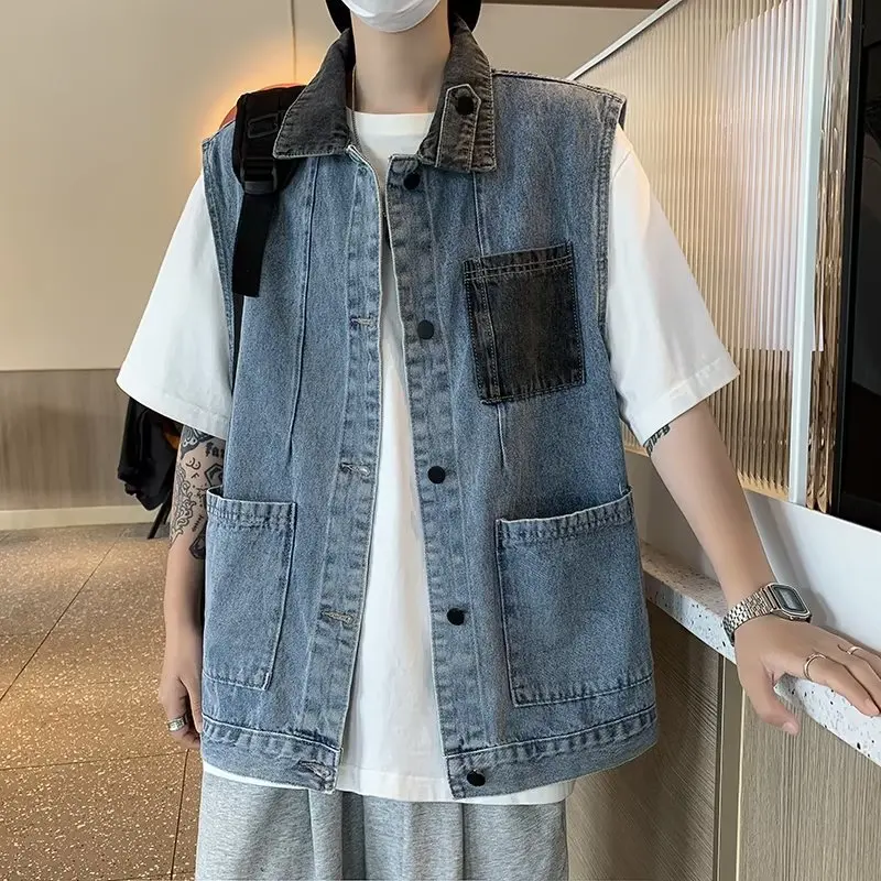 

2023 Men's Color Matching Multi-Pocket Denim Vest Teenagers Street Loose Handsome Casual Vest
