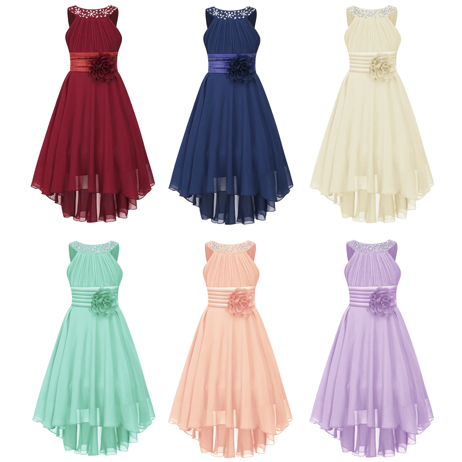 Elegant Chiffon Dress for Kids Girls Flower Adorned Party Dress Sleeveless Ruched Shiny Beaded High-low Hem Dress