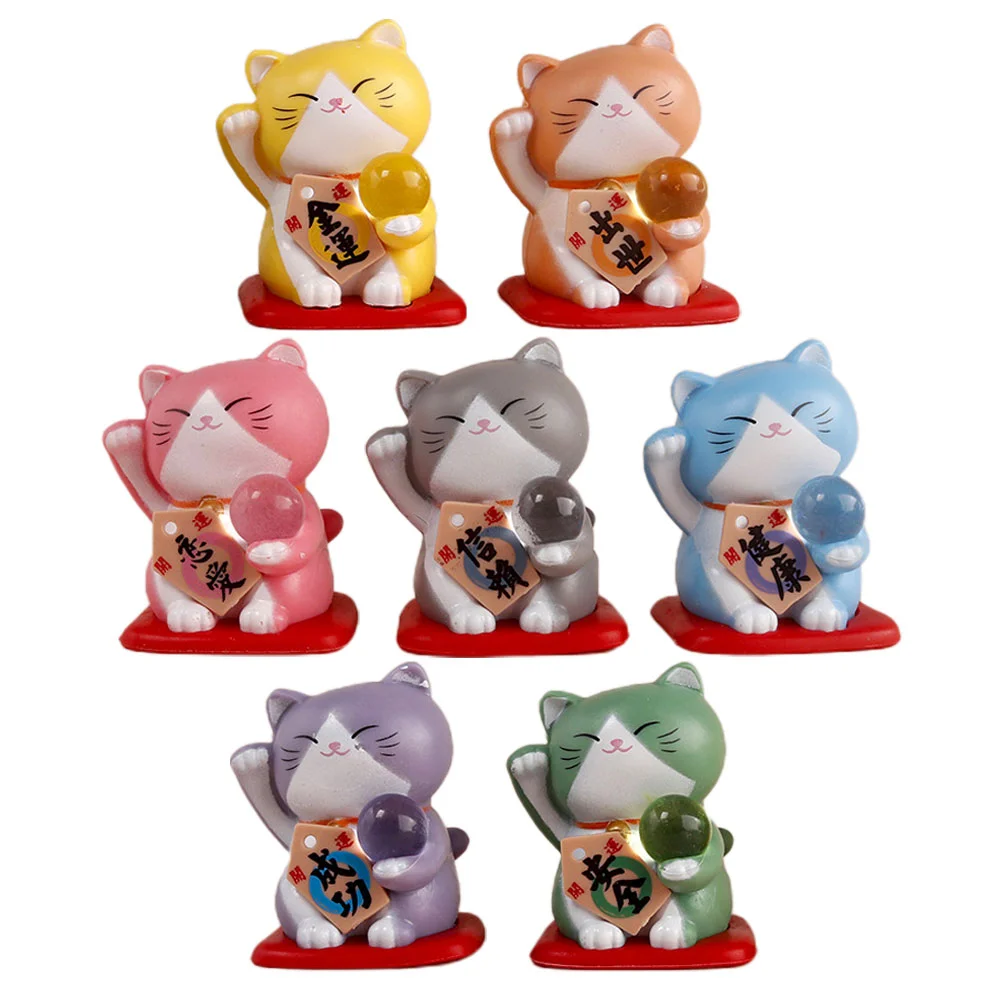 7 Pcs Decor Mini Lucky Cat Adorable Figurine The Ornament Animal Sculpture Fortune Miniatures